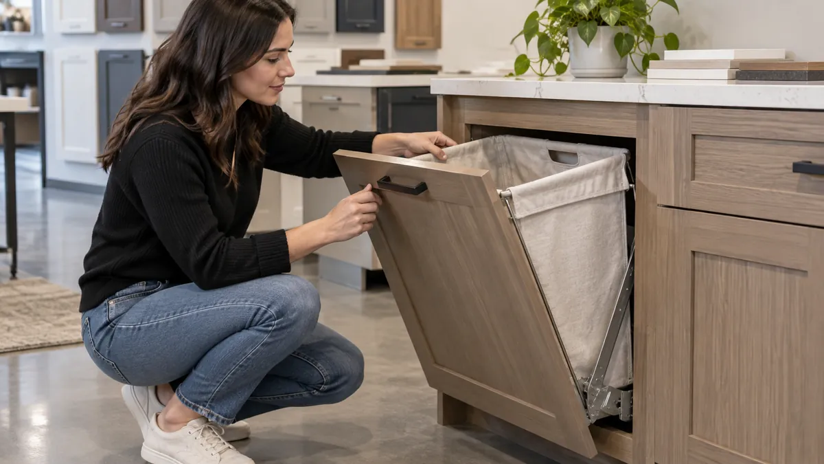 a tilt-out wire hamper inside a cabinet, illustrating door swing and basket removal clearance for OEM buyer evaluation.