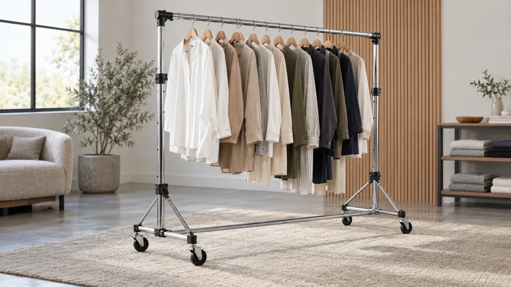 a folding adjustable garment rack with visible positive locking joints and extension stops for OEM buyer evaluation.