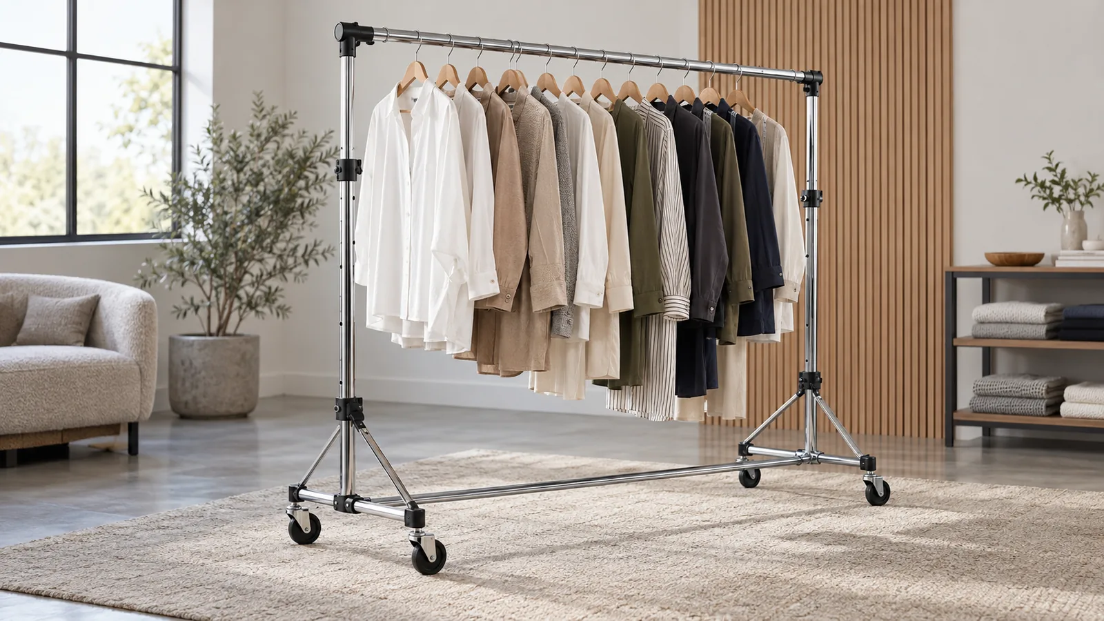 a folding adjustable garment rack with visible positive locking joints and extension stops for OEM buyer evaluation.
