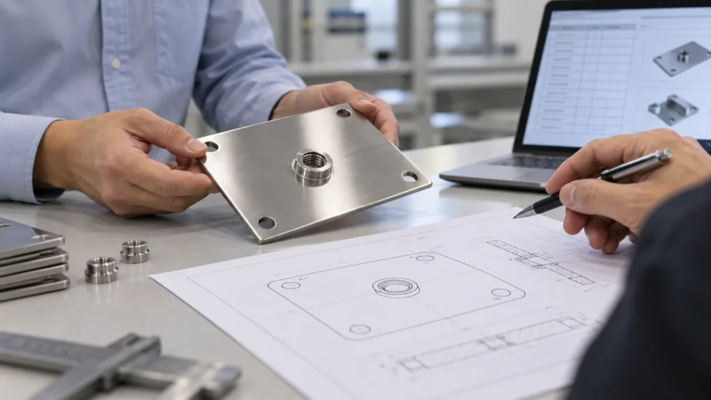 a stainless mounting plate sample and self-clinching nut qualification review, engineering drawing beside the parts for OEM buyer evaluation.