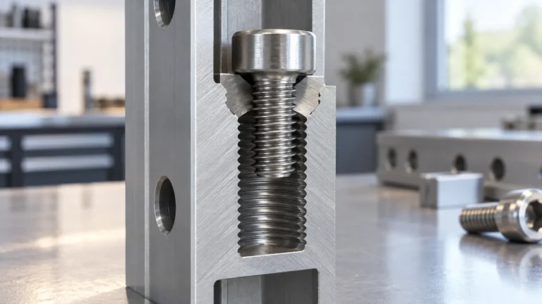 a blind threaded joint in a metal rack tube, showing usable thread depth and screw clearance in a cutaway sample for OEM buyer evaluation.
