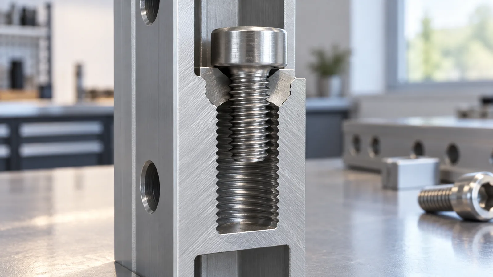 a blind threaded joint in a metal rack tube, showing usable thread depth and screw clearance in a cutaway sample for OEM buyer evaluation.