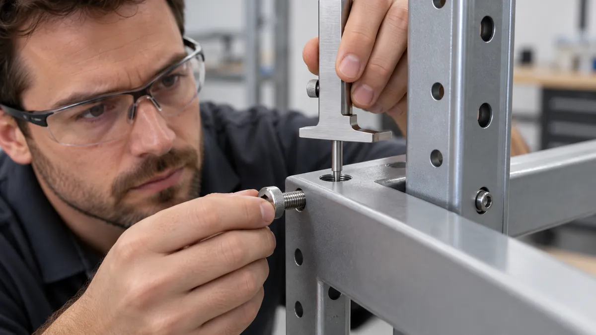 a blind threaded joint in a metal rack tube, showing usable thread depth and screw clearance in a cutaway sample for OEM buyer evaluation.