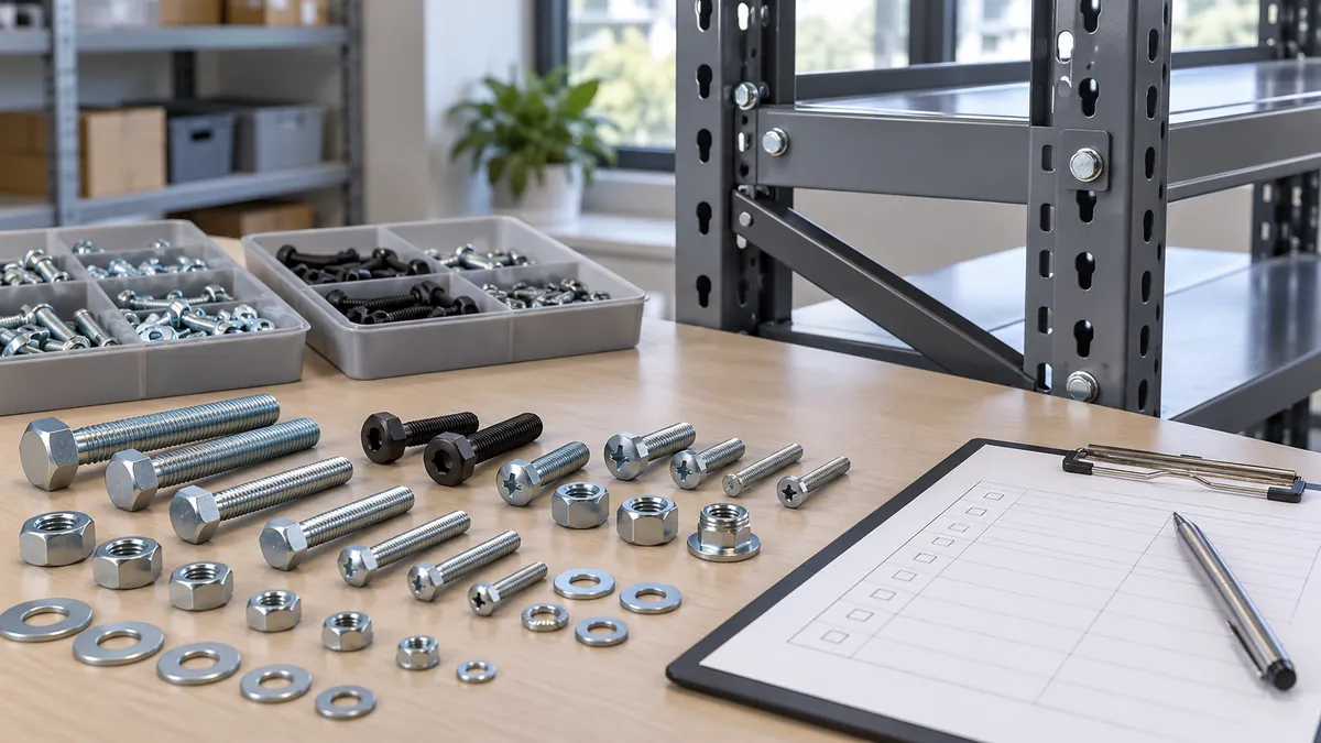 a storage rack hardware kit with separately labeled metric and imperial sample fasteners and pitch gauge for OEM buyer evaluation.