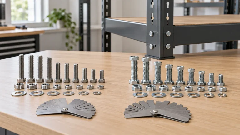 a storage rack hardware kit with separately labeled metric and imperial sample fasteners and pitch gauge for OEM buyer evaluation.