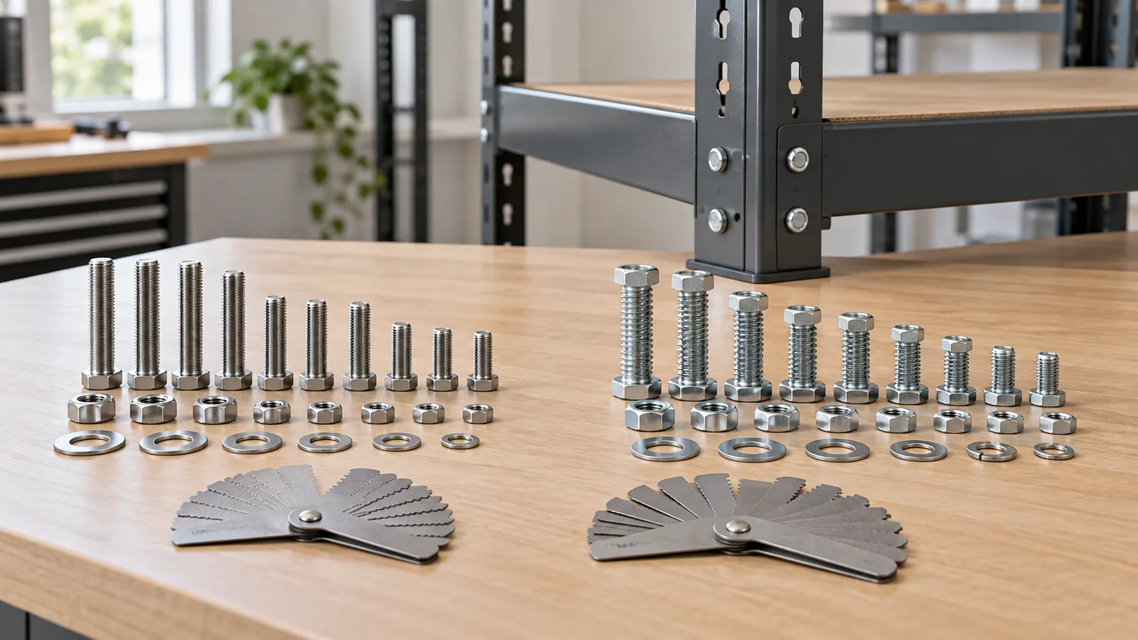 a storage rack hardware kit with separately labeled metric and imperial sample fasteners and pitch gauge for OEM buyer evaluation.