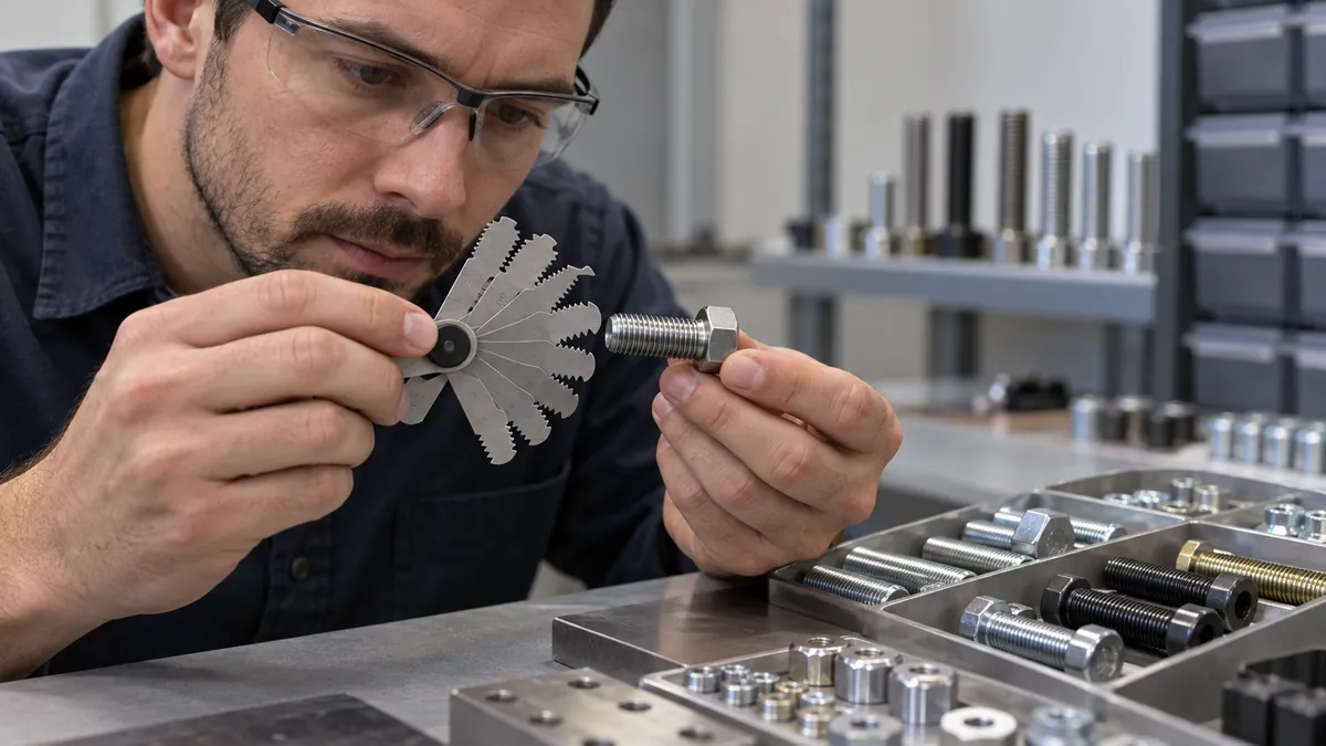 a storage rack hardware kit with separately labeled metric and imperial sample fasteners and pitch gauge for OEM buyer evaluation.