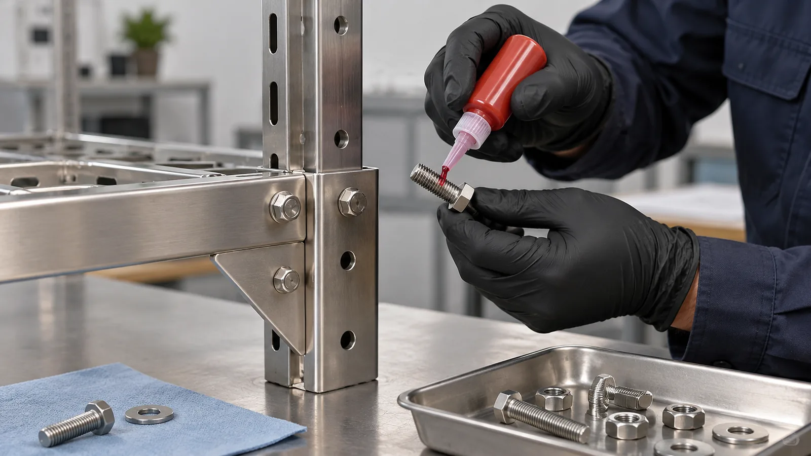 a stainless rack joint sample undergoing supplier-directed threadlocker assembly review for OEM buyer evaluation.