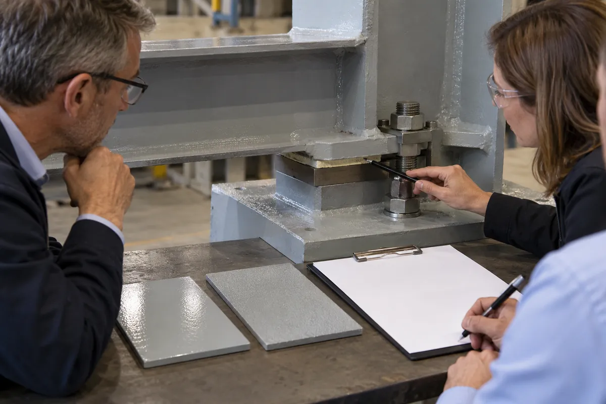 Buyer specification and sample approval review for powder-coated bolted rack joint with a painted bearing interface.