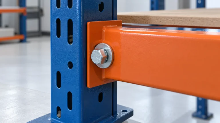 B2B product guide showing powder-coated bolted rack joint with a painted bearing interface.