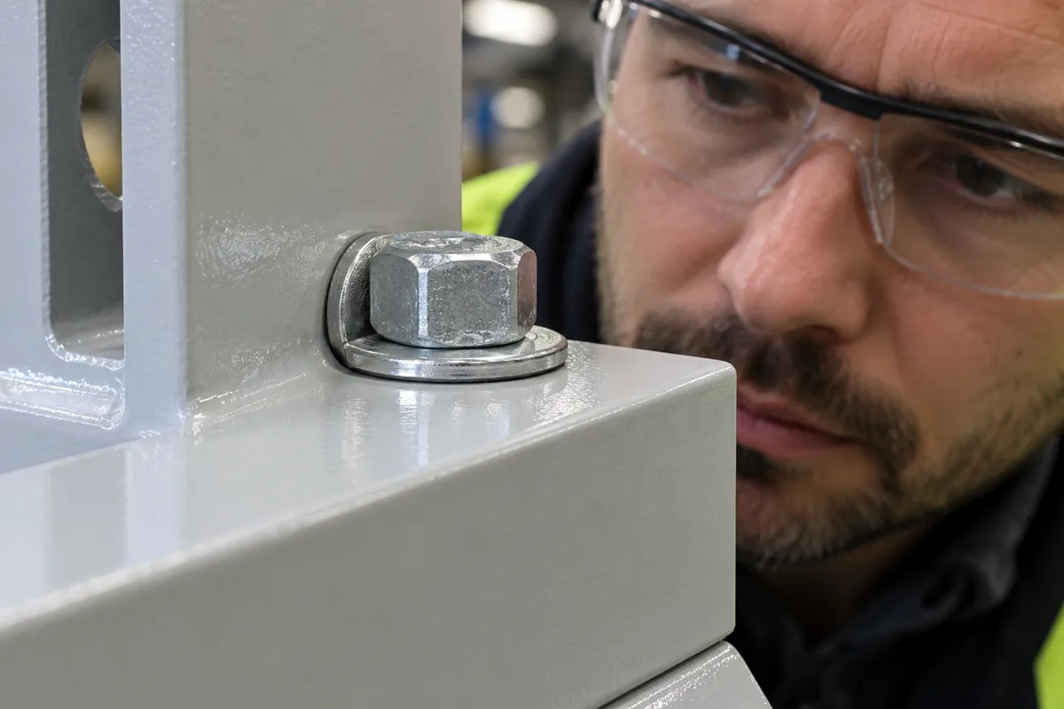 Production-intent powder-coated bolted rack joint with a painted bearing interface sample under supplier review.