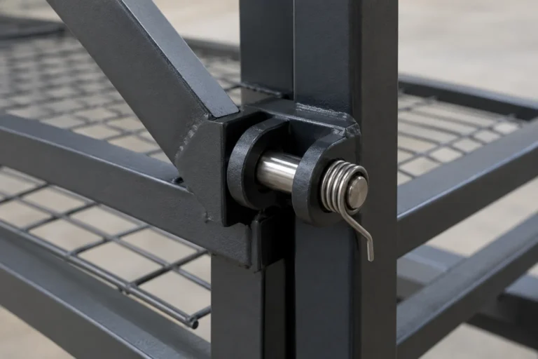 B2B product guide showing coiled spring pin and folded metal frame pivot interface.