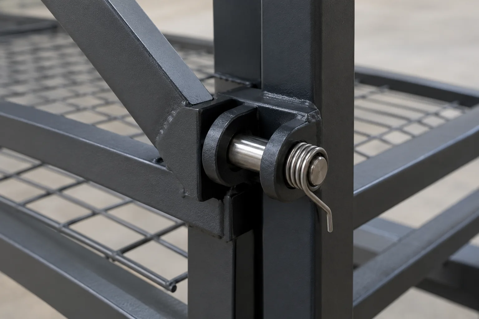 B2B product guide showing coiled spring pin and folded metal frame pivot interface.