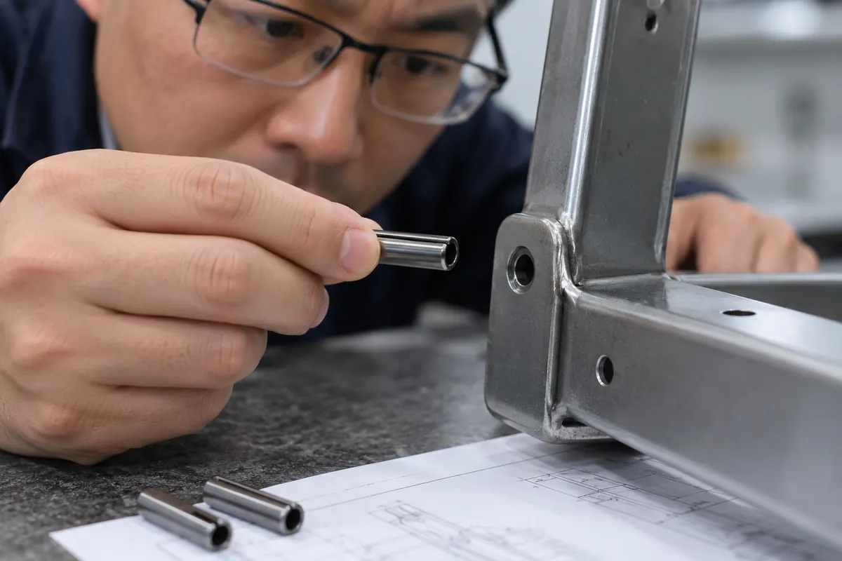 Production-intent coiled spring pin and folded metal frame pivot interface sample under supplier review.
