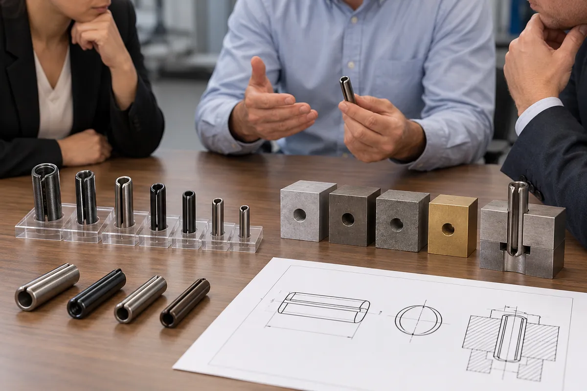 Buyer specification and sample approval review for coiled spring pin and folded metal frame pivot interface.