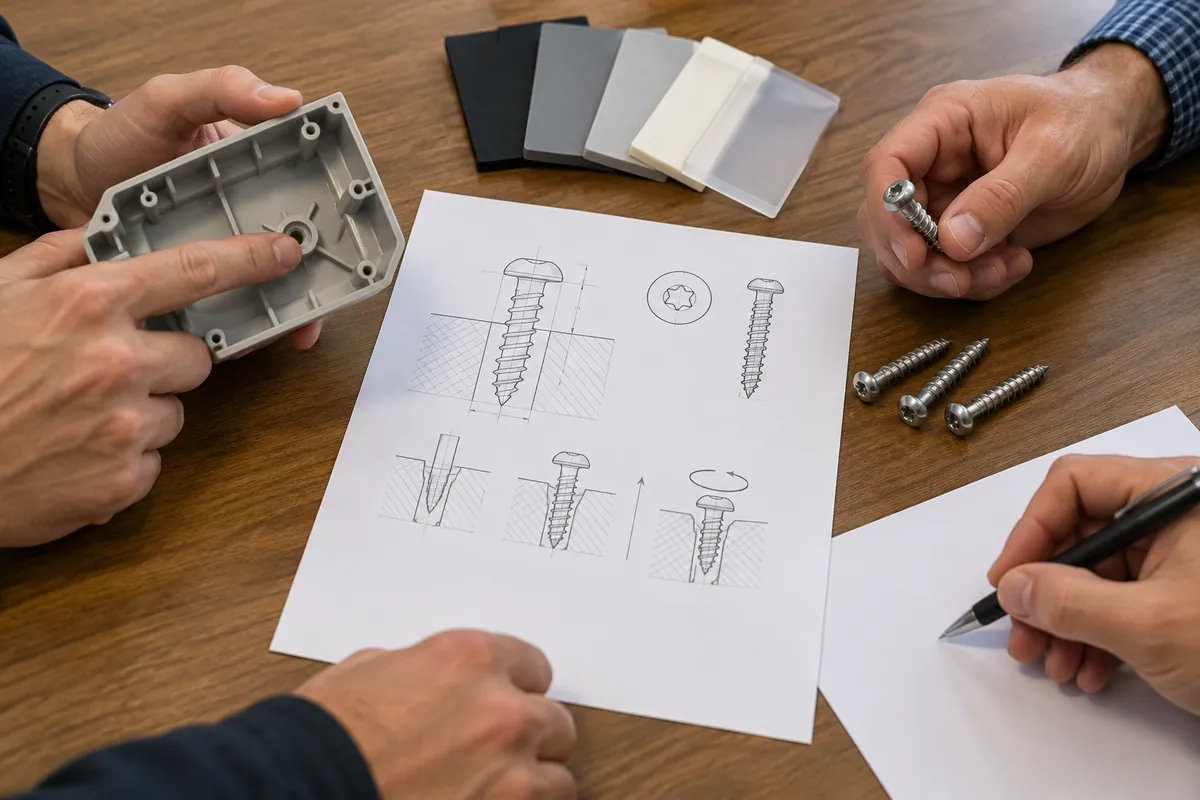 Buyer specification and sample approval review for plastic mounting bracket screw pilot bore and metal hardware interface.