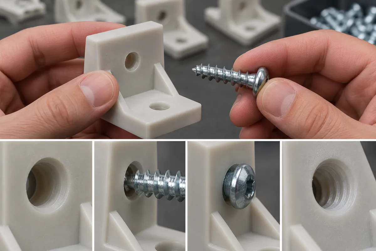 Production-intent plastic mounting bracket screw pilot bore and metal hardware interface sample under supplier review.