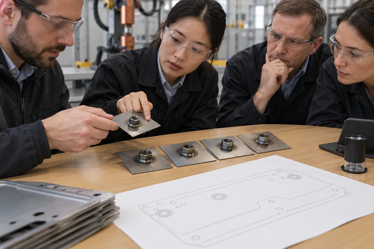 Buyer specification and sample approval review for projection-weld nut seated on a thin metal mounting plate.