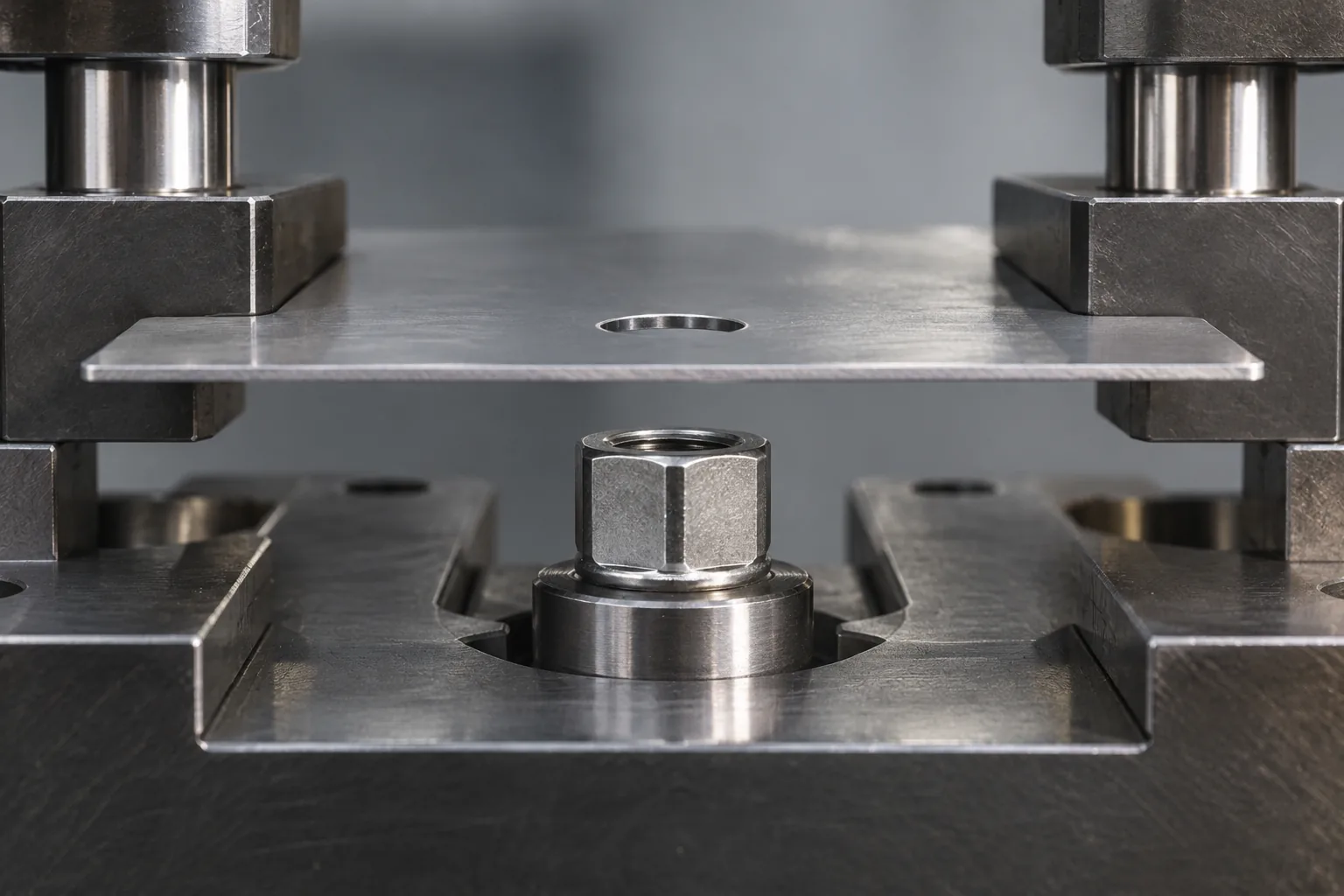B2B product guide showing projection-weld nut seated on a thin metal mounting plate.