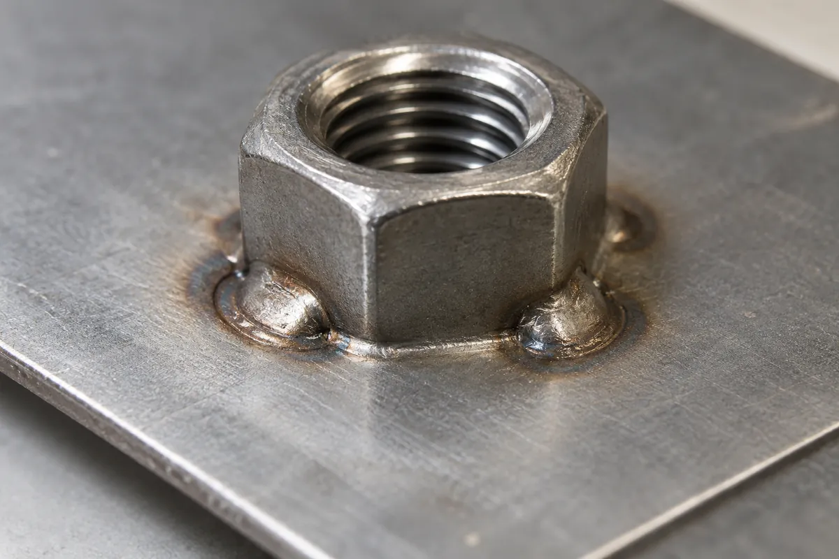 Production-intent projection-weld nut seated on a thin metal mounting plate sample under supplier review.