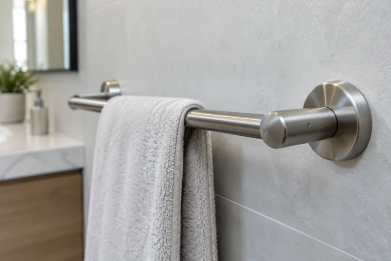 B2B product guide showing visible spot-weld indentation on a polished bathroom hardware sample.