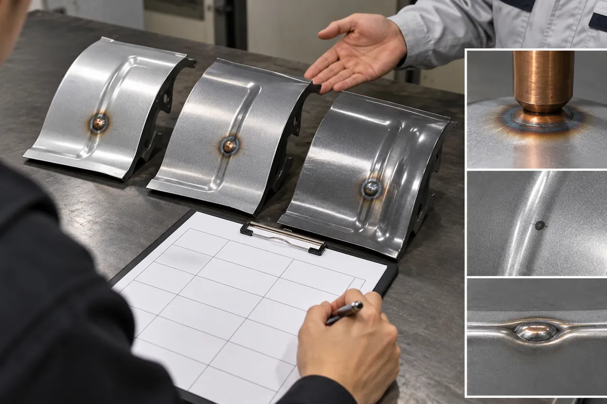 Buyer specification and sample approval review for visible spot-weld indentation on a polished bathroom hardware sample.