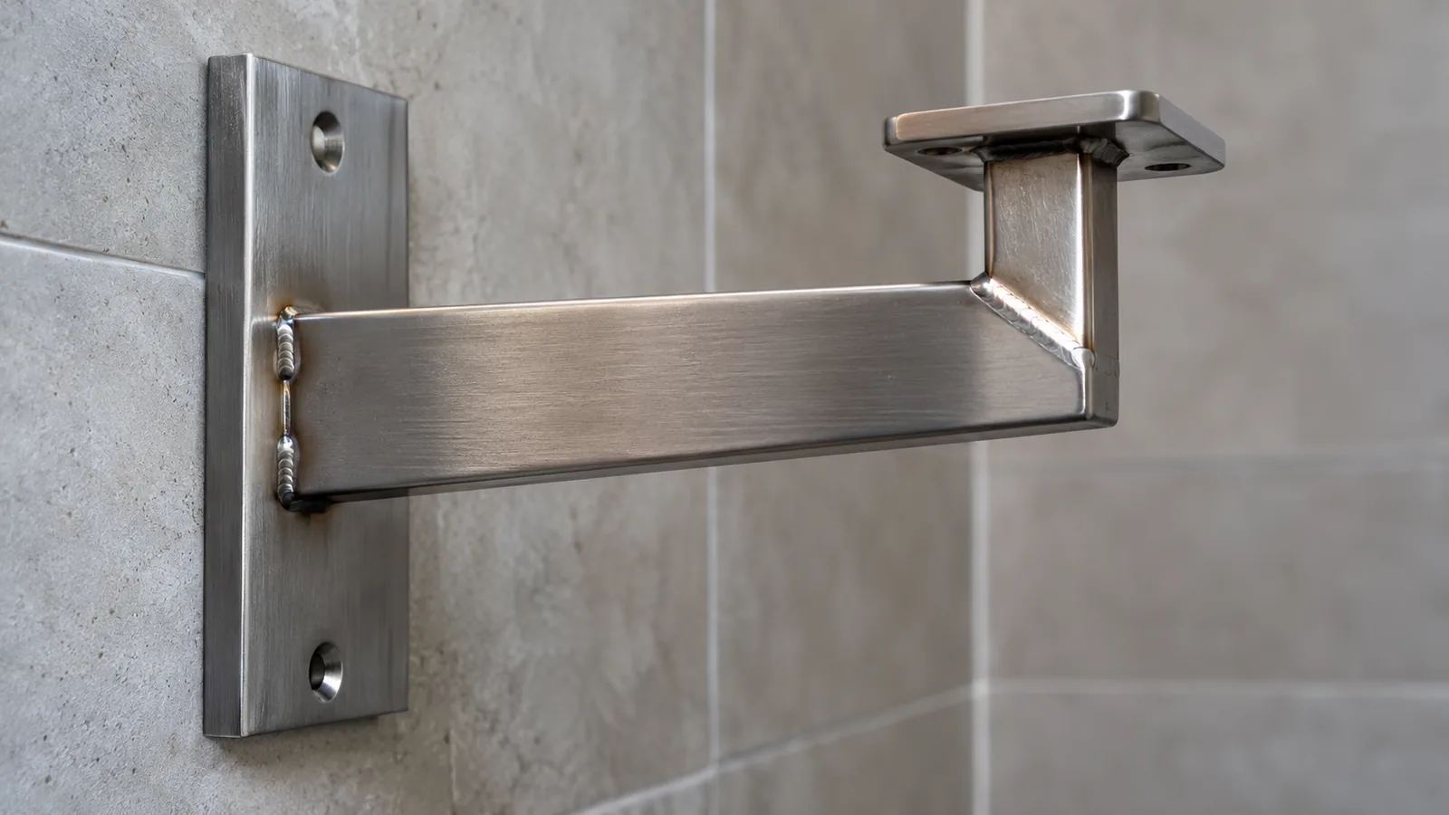B2B product guide showing fabricated bathroom bracket with intermittent weld locations and a technical drawing.