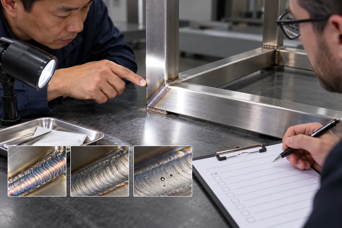 Buyer specification and sample approval review for stainless frame TIG weld surface inspection sample.