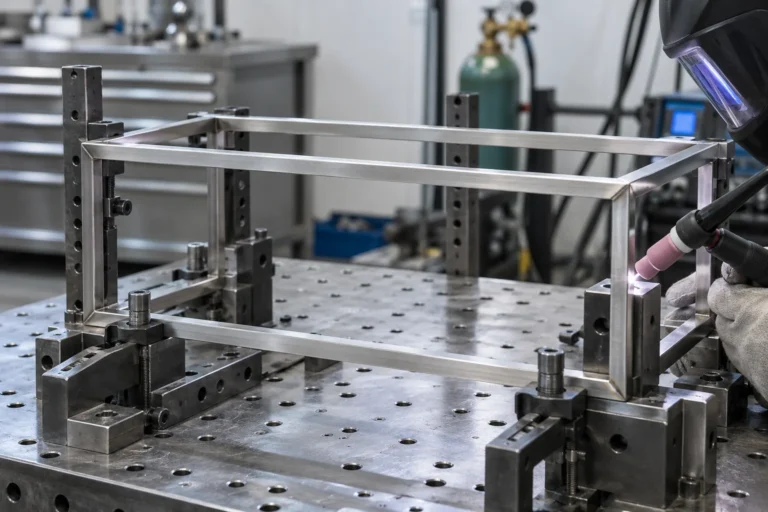B2B product guide showing thin stainless hardware TIG weld sample and fixture.