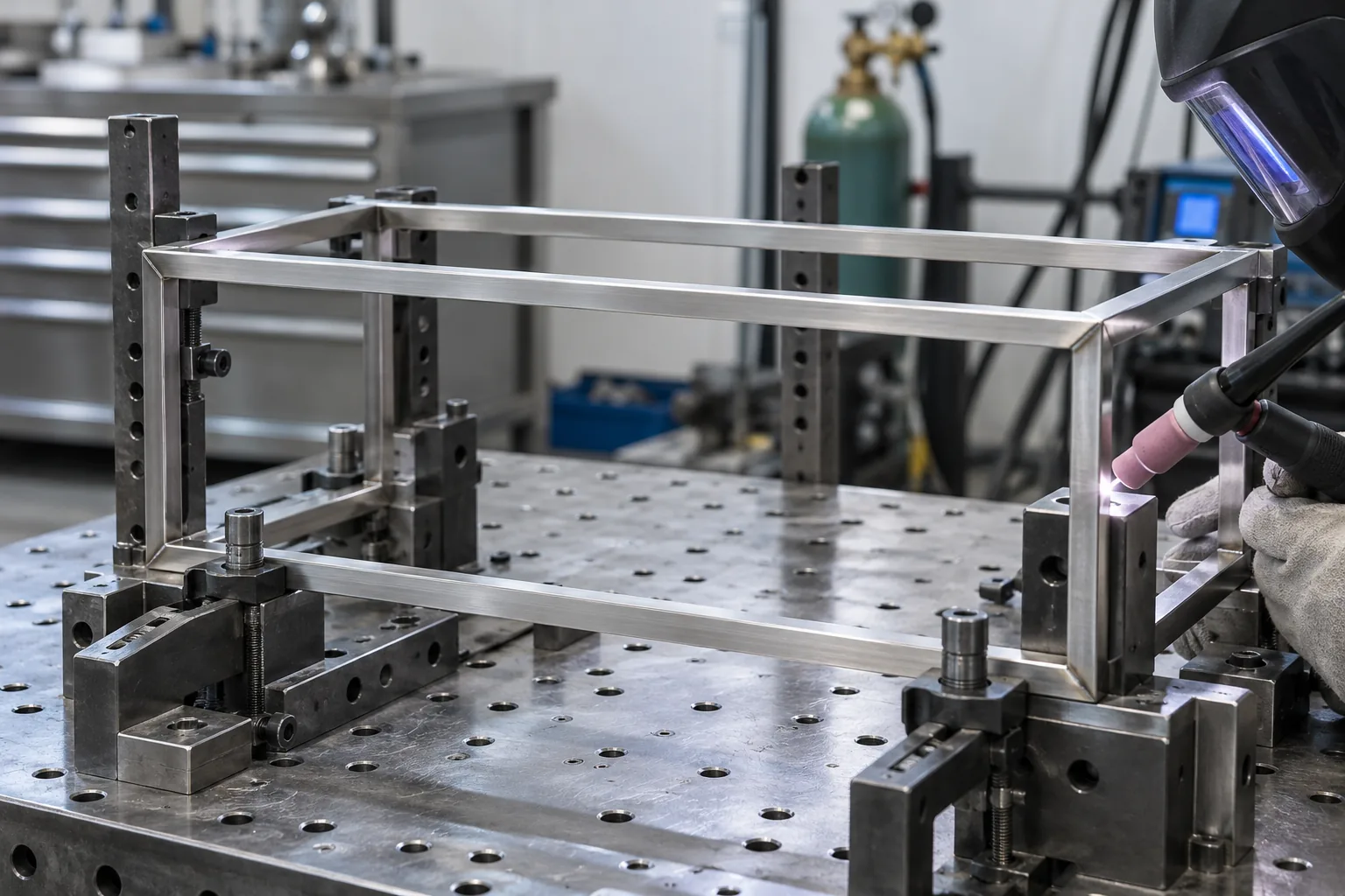 B2B product guide showing thin stainless hardware TIG weld sample and fixture.