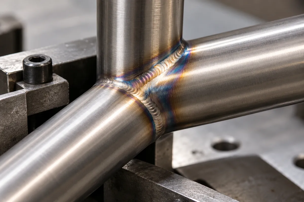 Production-intent thin stainless hardware TIG weld sample and fixture sample under supplier review.