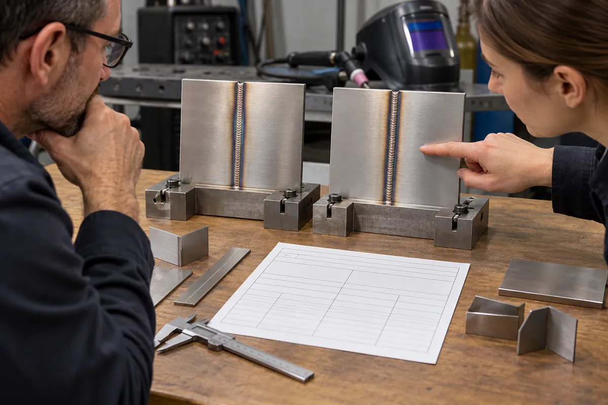Buyer specification and sample approval review for thin stainless hardware TIG weld sample and fixture.