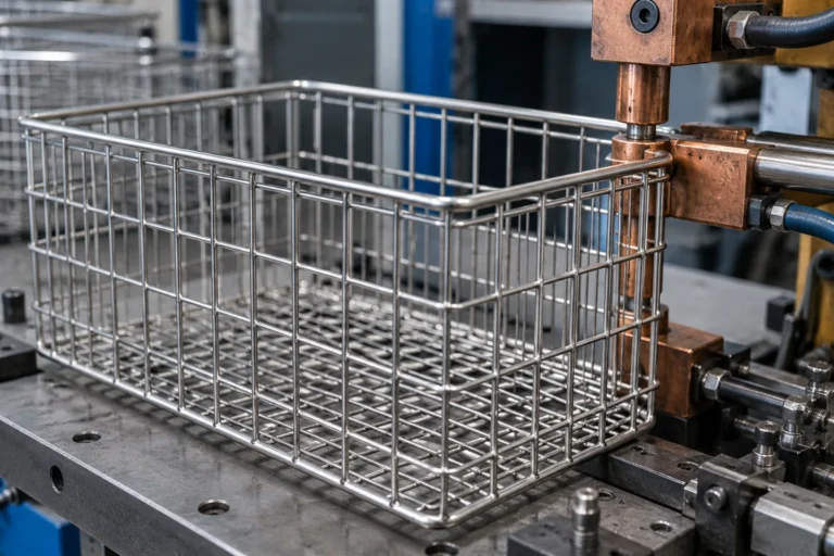 B2B product guide showing closely spaced resistance welds on a wire basket sample.