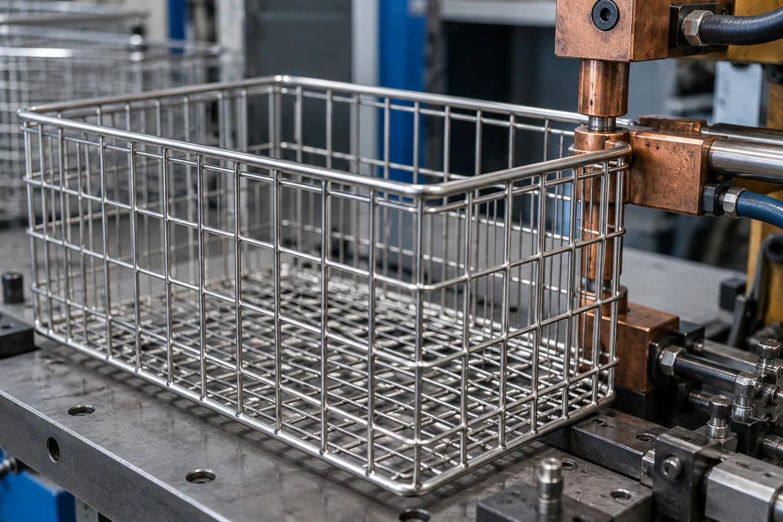 B2B product guide showing closely spaced resistance welds on a wire basket sample.