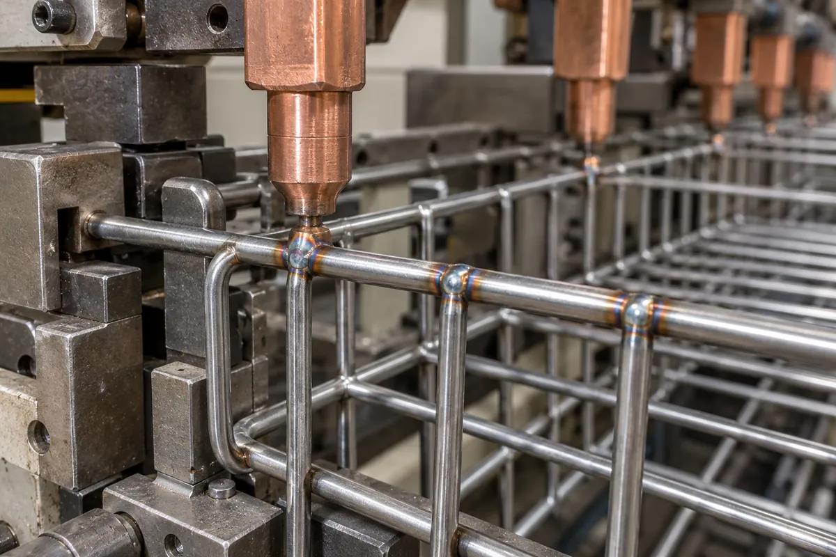 Production-intent closely spaced resistance welds on a wire basket sample sample under supplier review.