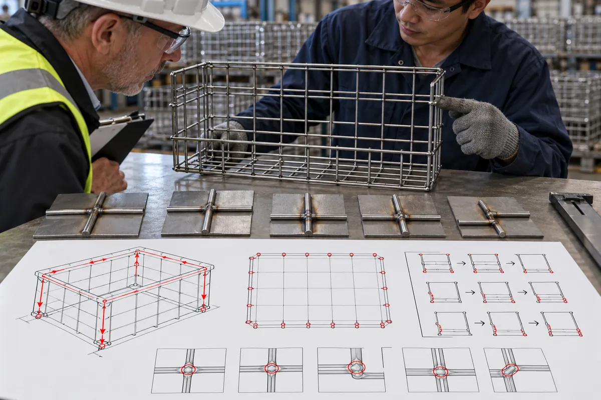 Buyer specification and sample approval review for closely spaced resistance welds on a wire basket sample.