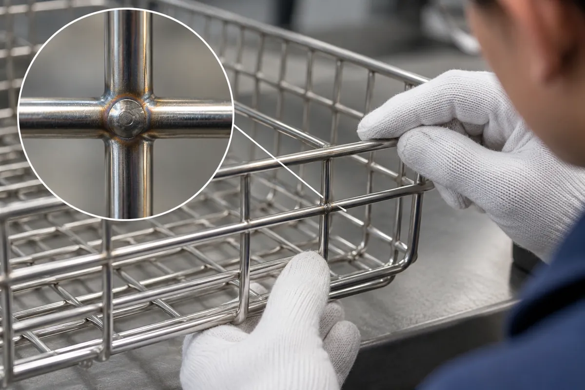 Production-intent wire basket spot weld sample with controlled weld-quality inspection sample under supplier review.
