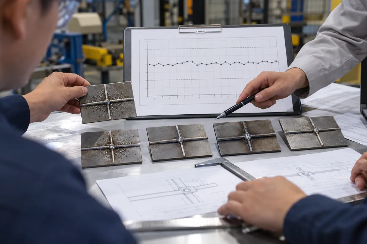 Buyer specification and sample approval review for wire basket spot weld sample with controlled weld-quality inspection.