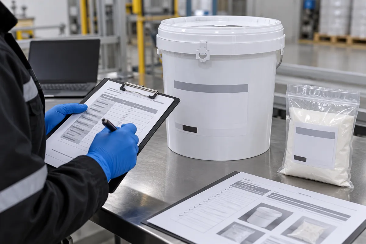 Production-intent sealed powder coating material container and supplier lot review sample under supplier review.