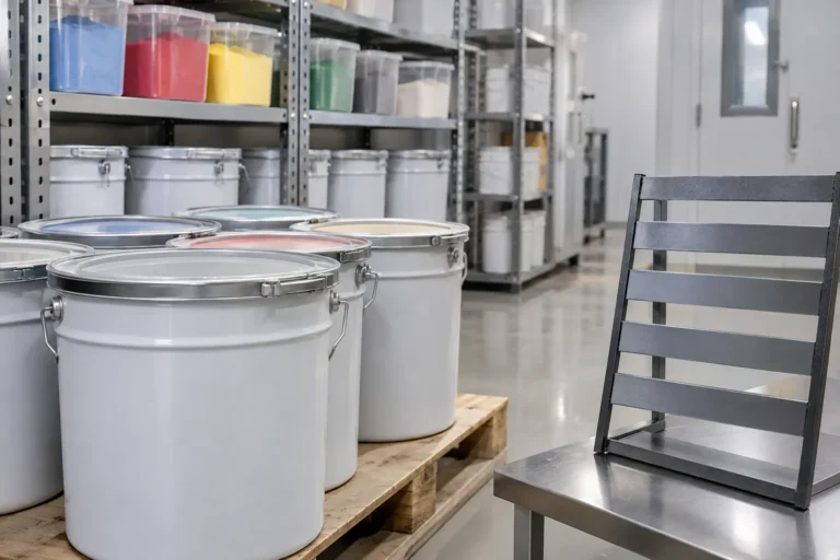 B2B product guide showing sealed powder coating material container and supplier lot review.