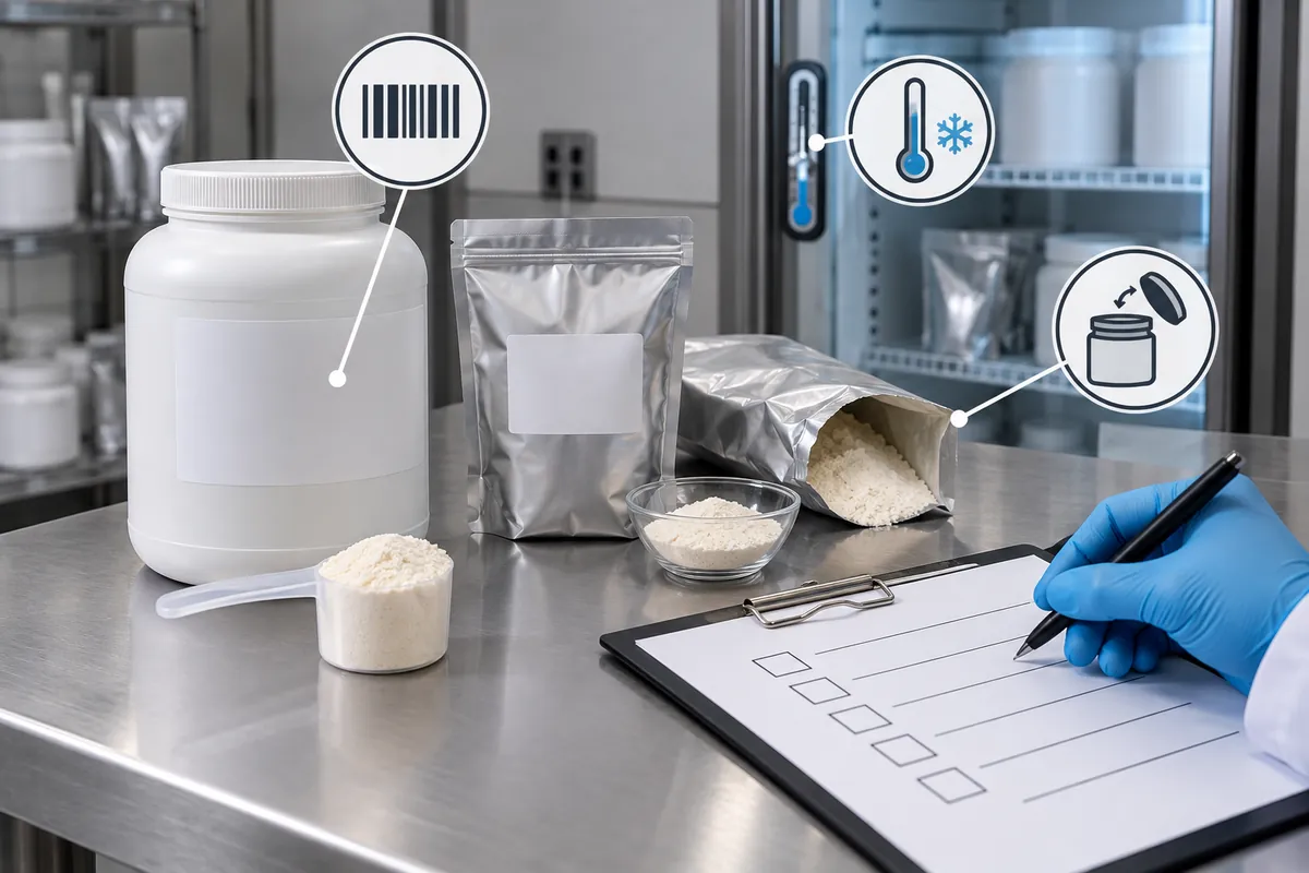 Buyer specification and sample approval review for sealed powder coating material container and supplier lot review.