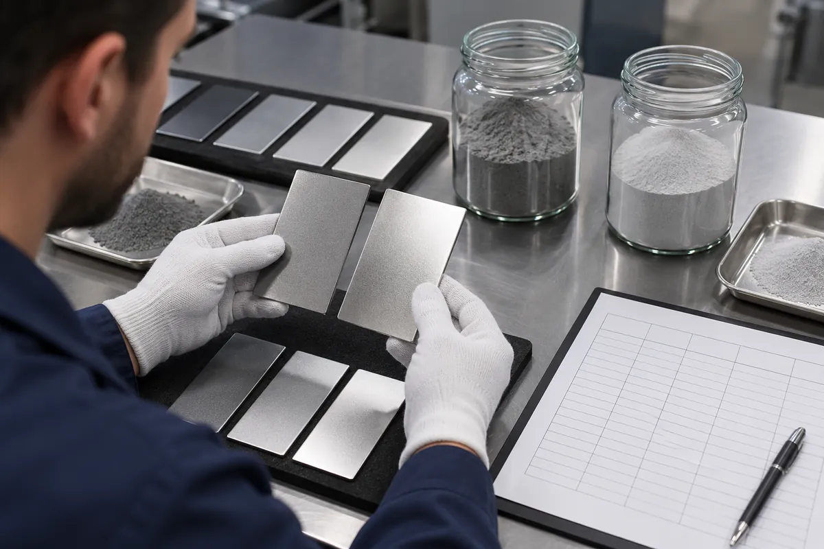 Buyer specification and sample approval review for metallic powder-coated rack finish sample panels compared by batch.