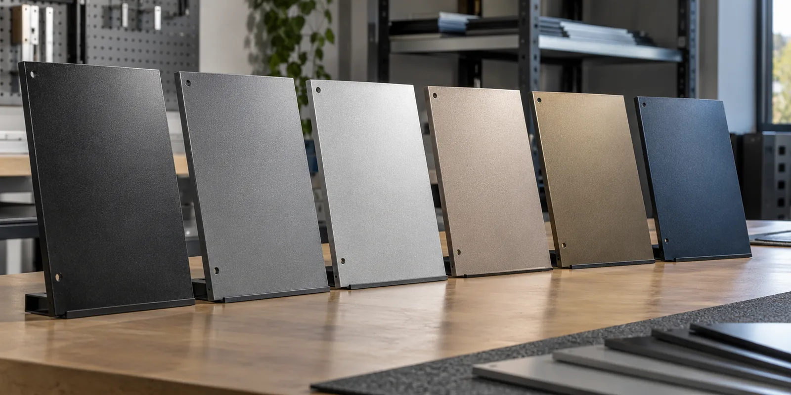 B2B product guide showing metallic powder-coated rack finish sample panels compared by batch.