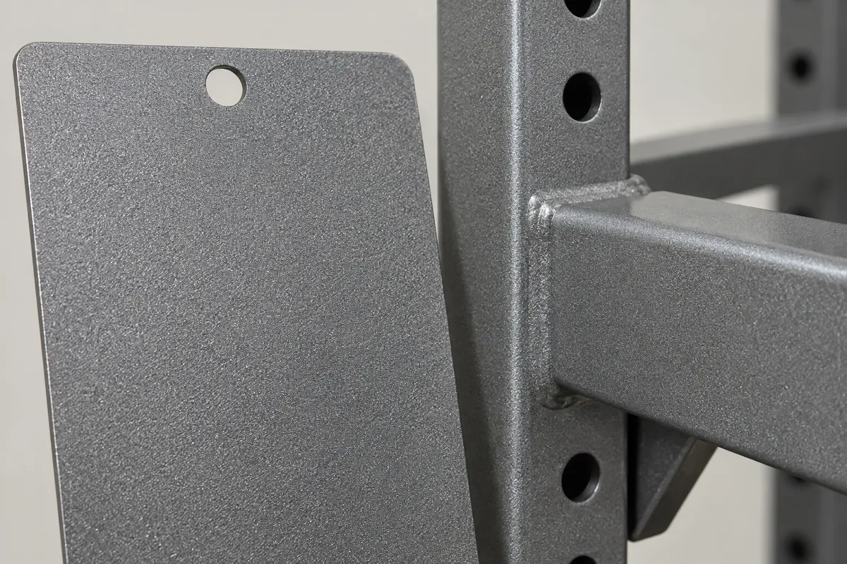 Production-intent metallic powder-coated rack finish sample panels compared by batch sample under supplier review.