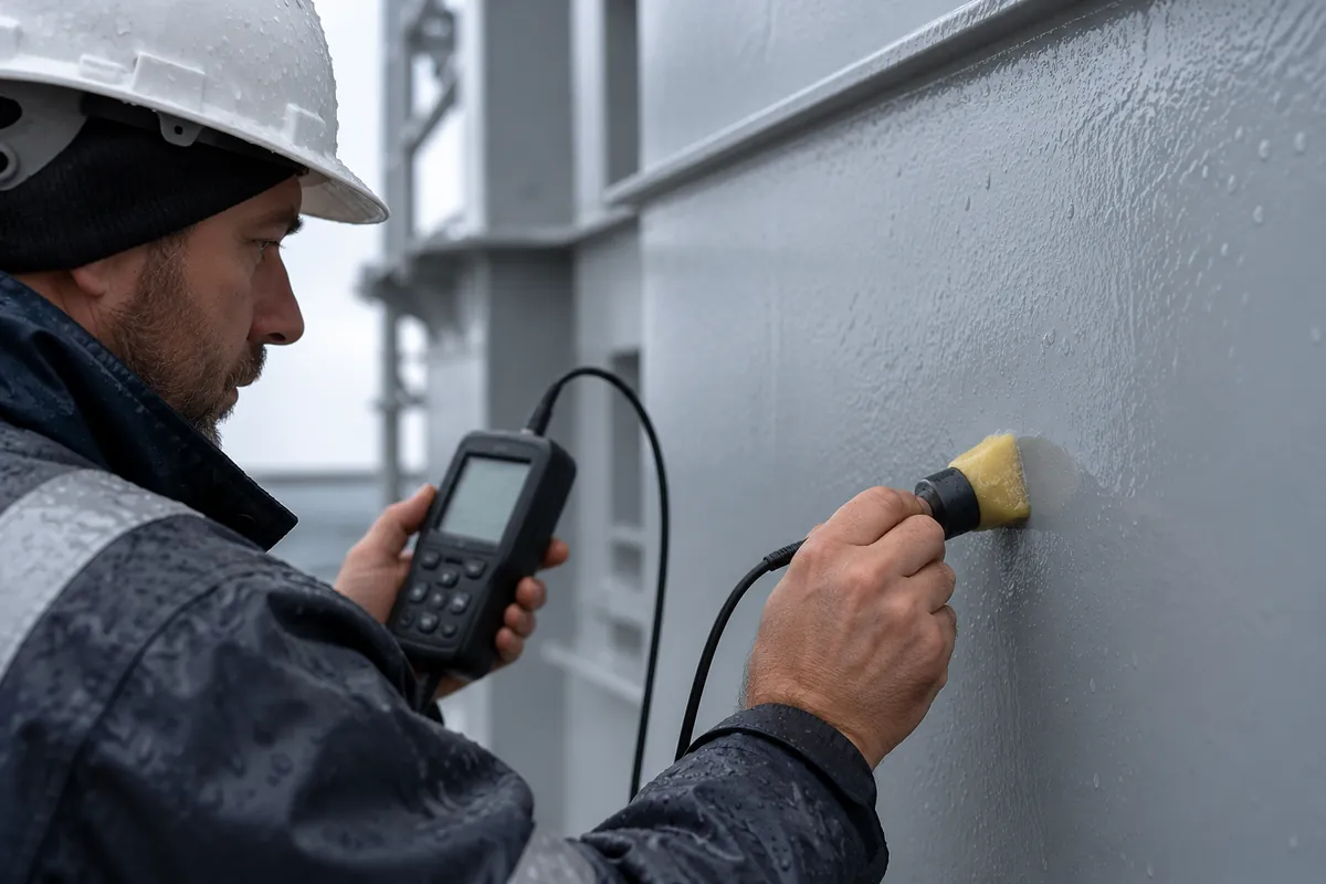 Production-intent powder-coated rack panel undergoing wet-sponge continuity inspection sample under supplier review.