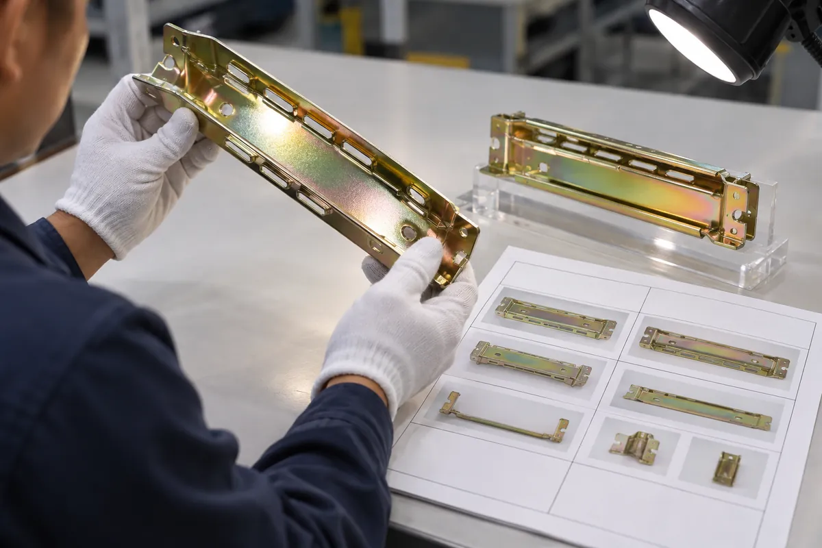 Buyer specification and sample approval review for metallic powder-coated rack samples viewed from multiple angles.