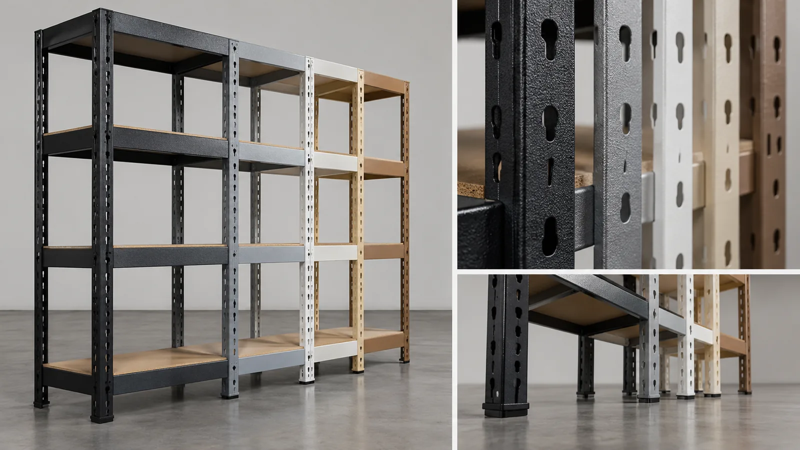 B2B product guide showing metallic powder-coated rack samples viewed from multiple angles.
