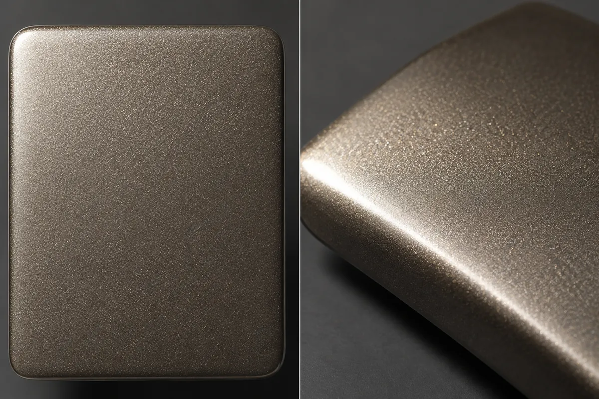 Production-intent metallic powder-coated rack samples viewed from multiple angles sample under supplier review.