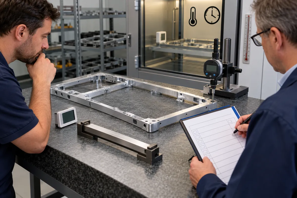 Buyer specification and sample approval review for long metal hardware frame and temperature-equilibrated dimensional inspection.