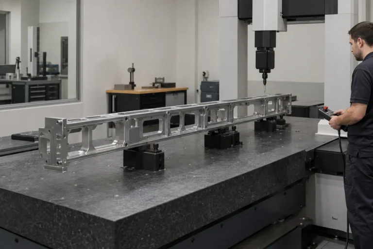 B2B product guide showing long metal hardware frame and temperature-equilibrated dimensional inspection.